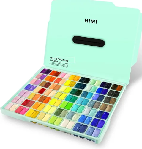 HIMI - Juego de pintura Gouache, 112 colores x 0.42 oz, diseño de taza de gelatina doble con funda portátil, no tóxica, pintura profesional opaca