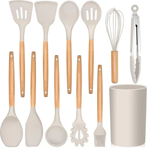 Miniatura 8 de E-far Juego de 6 utensilios de cocina de silicona con mango de madera, utensilios de cocina antiadherentes y resistentes al calor, incluye Gris