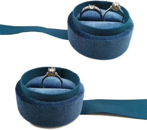 Miniatura 3 de Beatilog Caja de anillos de terciopelo Hermosa caja redonda para anillos de boda con elegante lazo de cinta, organizador de regalos