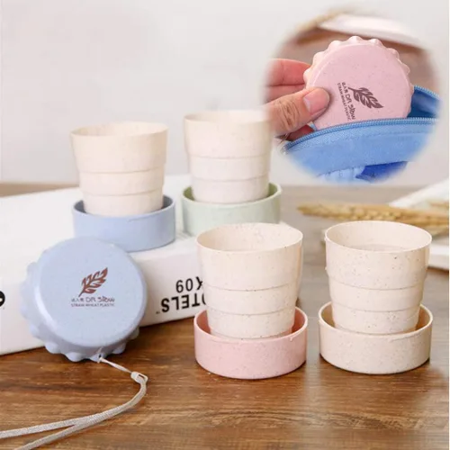 Miniatura 5 de Taza de camping plegable con tapa, plegable telescópica de trigo con paja, taza de agua plegable sin BPA para viajes al aire libre, color beige