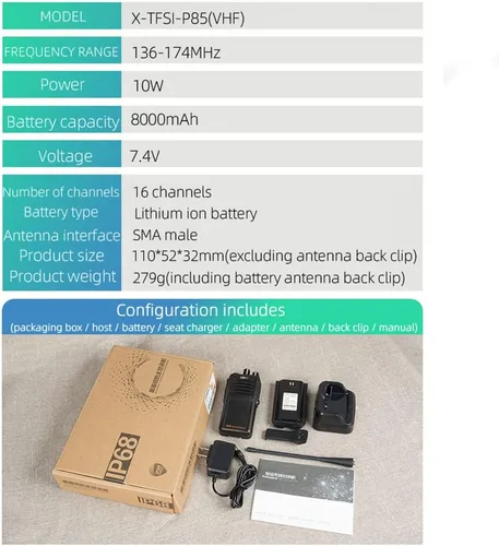 Miniatura 6 de Radio marina VHF bidireccional de mano IP68, pantalla LED impermeable, canales marinos internacionales, 136-174 MHz 8000 mAh, batería KSUN P85