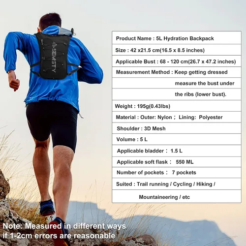 Miniatura 7 de Chaleco de Hidratación para Correr 5L, Paquete de Chaleco para Correr con Vejiga de Agua de 1.5L, Mochila de Agua Ligera para Senderismo, Correr