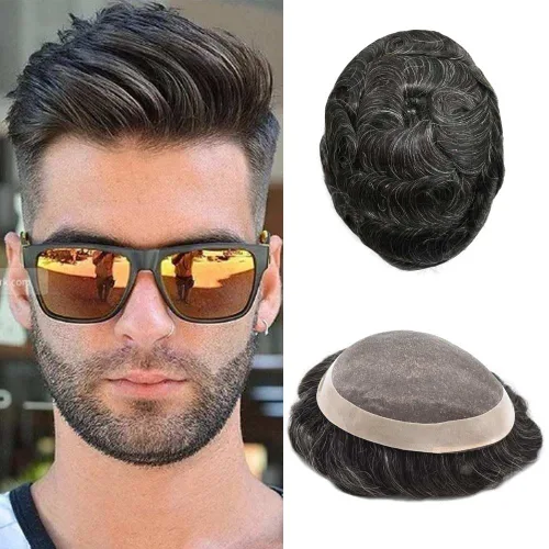 Miniatura 44 de Tupé para hombre, pieza de cabello humano real, monofilamento, tupé para hombres, postizos, unidades de sistema de reemplazo de cabello, gris