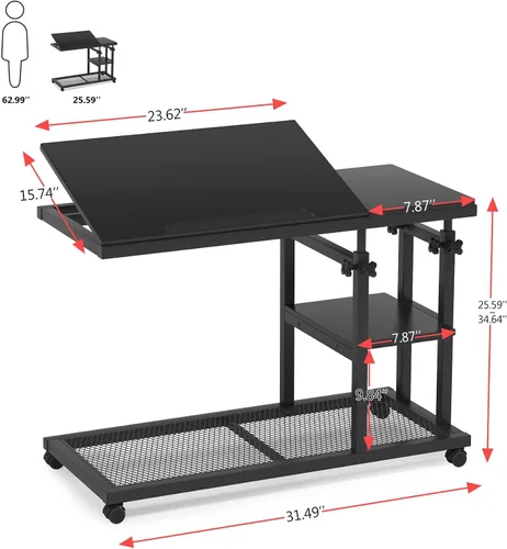 Miniatura 2 de Tribesigns Mesa C de altura ajustable con ruedas, mesa auxiliar móvil para aperitivos con tablero de dibujo inclinable, soporte para sofá, mesita