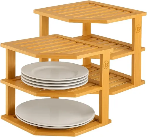 Paquete de 2 organizadores de platos para gabinete, estante esquinero de bambú para almacenamiento de cocina o baño, estante que ahorra espacio para