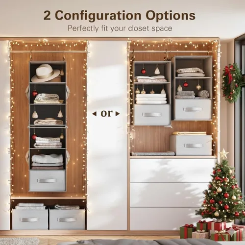 Miniatura 3 de Pipishell Organizador colgante de armario de 6 estantes con 2 estantes separables de 3 niveles, 3 cajones y bolsillos laterales, organizadores