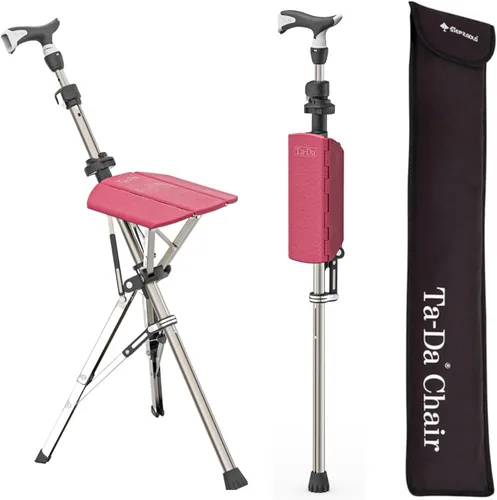 Ta-Da Chair Series 1 Pro, Portable Trekking Hiking Pole, Folding Walking Stick with Seat, Walking Cane with Chair, Foldable Chair, Lightweight Rojo