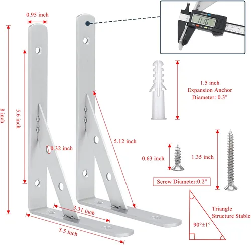 Miniatura 5 de Soportes sólidos para estantes de 8 pulgadas, soportes en L resistentes, soporte de ángulo de acero inoxidable, carga máxima de 440 libras, paquete