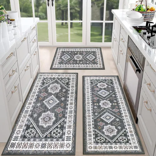 Miniatura 16 de HEBE - Juego de alfombras de cocina bohemias de 3 piezas con corredor, alfombras de cocina antideslizantes y tapetes lavables para piso de cocina