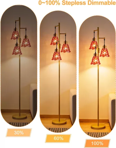 Miniatura 2 de Lámpara de pie moderna de cristal de 3 luces, lámpara alta de pie dorada con pantalla de vidrio de piña roja profunda, lámpara de pie LED regulable