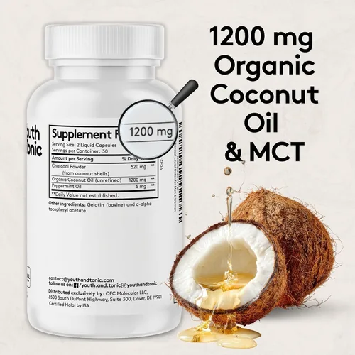 Miniatura 4 de Youth & Tonic Píldoras de carbón activado líquido 3 en 1 + 1200 mg de aceite de coco orgánico y aceite de menta, desintoxicación digestiva