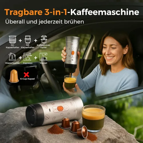 Miniatura 3 de Máquina de café espresso portátil, cafetera de viaje 3 en 1 con autocalentamiento, funciona con pilas, 20 bares, máquina de café espresso portátil