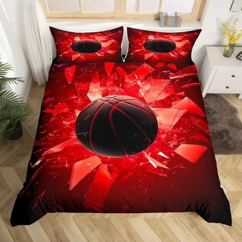 Erosebridal Juego de funda de edredón de baloncesto, tamaño individual, color negro y rojo, juego de ropa de cama con bola 3D para niños, niños,