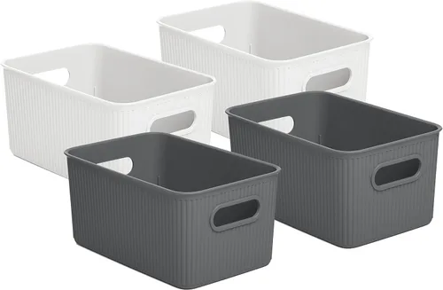 Superio Ribbed Collection - Canastas organizadoras de plástico decorativas abiertas para el hogar, color blanco y gris (serie de 4) 4 medios, cajas
