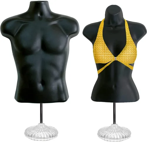 Juego de maniquí negro con espalda hueca masculina y femenina con soportes con poste de metal, tamaños S-M