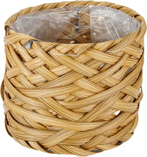 Miniatura 3 de Juego de 2 cestas tejidas para macetas con forro de plástico y 3 patas de madera, flores, juguetes de granja rústica (tejido grueso)
