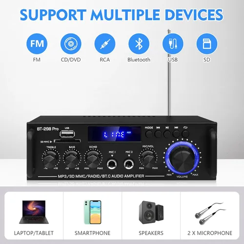 Miniatura 2 de Receptor 298Pro para altavoces, receptor Bluetooth 5.0 para estéreo doméstico, amplificador de potencia RMS 400Wx2, control de agudos de graves