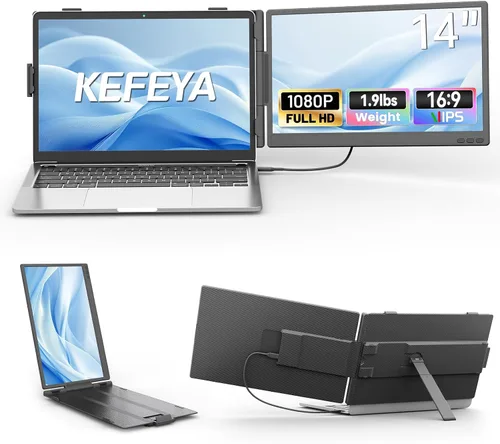 KEFEYA - Extensor de pantalla para laptop, 14" FHD 1080P IPS, extensor dual de monitor portátil, monitor portátil conectar y usar (Plug & Play)