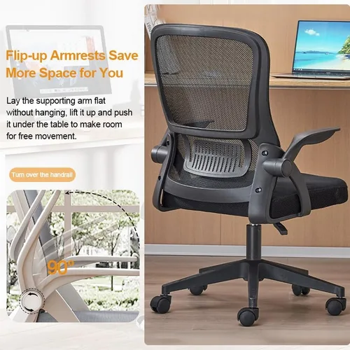 Miniatura 4 de Silla de Oficina para el Hogar Ergonómica con Malla Transpirable Silla de Alto Respaldo con Altura Ajustable Giratoria con Brazos Abatibles y Negro