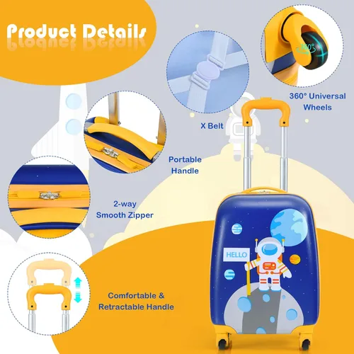 Miniatura 3 de Goplus Equipaje para niños, 2 piezas, 12 y 16 pulgadas, juego de equipaje de mano para niños con 4 ruedas giratorias, maleta ligera con ruedas