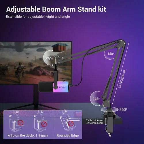 Miniatura 7 de FDUCE Juego de micrófono dinámico para juegos, micrófono de computadora USB/XLR para podcast con soporte de brazo extensible, luz RGB, botón