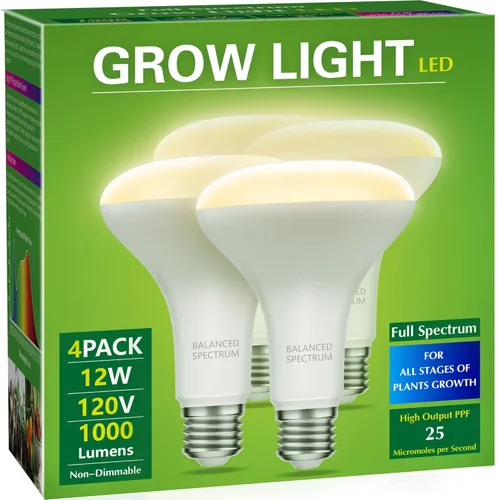 Briignite Paquete de 4 bombillas LED para cultivo, BR30, bombillas de luz de cultivo, luz de cultivo de espectro completo 12W, equivalente a 120W,