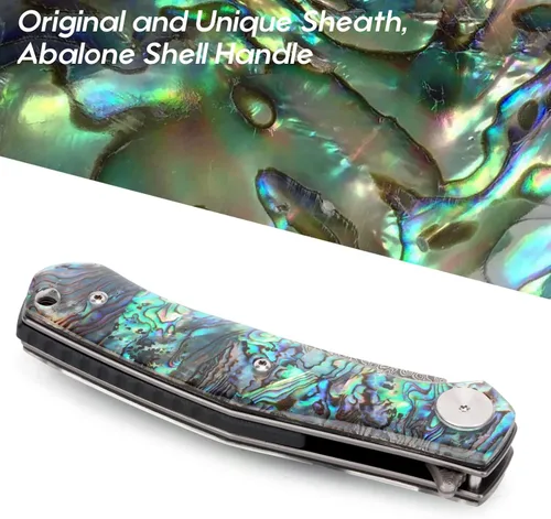 Miniatura 5 de Benkey - Navaja de bolsillo de acero de Damasco con funda de cuero con clip, cuchillo plegable con núcleo VG10 afilado, EDC con bloqueo