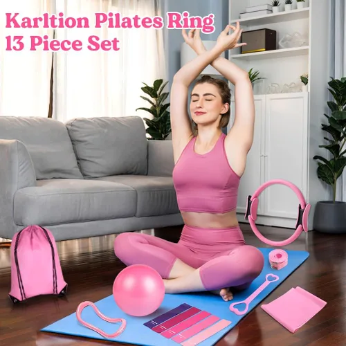 Miniatura 4 de Juego de anillos de pilates de 13 piezas, kit de pilates para mujer, accesorios de equipo de ejercicio, deformación, círculo mágico con asas Rosa