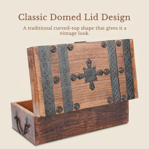 Miniatura 5 de Ajuny Cofre del tesoro de madera hecho a mano, caja de recuerdo vintage y joyería con tiras de concha, almacenamiento de regalo multiusos