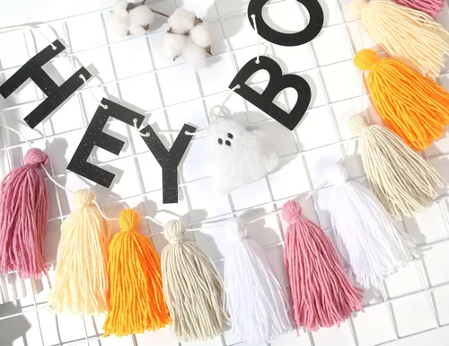 Miniatura 7 de Hey Boo - Pancarta con borlas de fantasma, pancarta de borla de fantasma para Halloween, decoración del hogar de Halloween, pancarta de fantasma