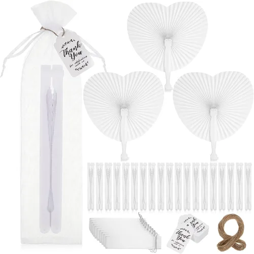 Gerrii 50 abanicos plegables de mano de papel, abanicos de boda, abanicos plegables en forma de corazón, con etiquetas y bolsas de regalo para