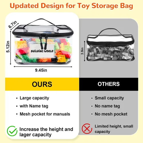Miniatura 6 de Tesuko Paquete de 6 bolsas transparentes de almacenamiento de juguetes con etiqueta de nombre y bolsillo manual, funda organizadora de juguetes