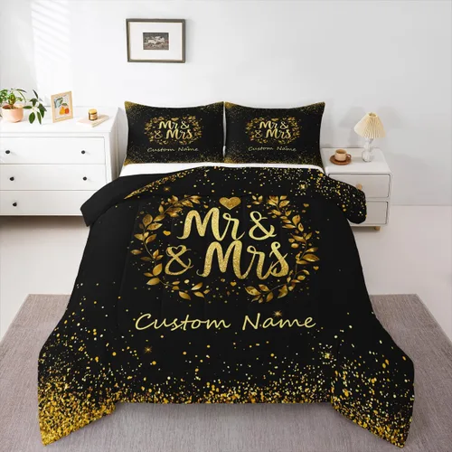 Juego de ropa de cama personalizado con lentejuelas negras y doradas, tamaño individual, edredón de corazón dorado con purpurina para mujeres y