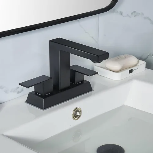 Miniatura 5 de KINGO HOME Grifo central de baño negro de 2 asas, grifo de lavabo de baño negro mate de 4 pulgadas, grifos de tocador modernos para fregadero, grifo
