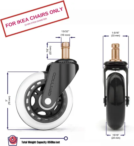 Miniatura 4 de Ruedas para silla de oficina solo para sillas IKEA Ruedas de goma suave para silla de computadora protegen tus suelos de madera mejor que