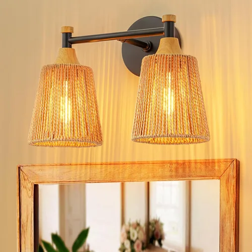 Miniatura 10 de Lámparas de baño bohemias, luces rústicas de tocador de 2 luces sobre el espejo, iluminación de ratán de granja con persianas tejidas a mano