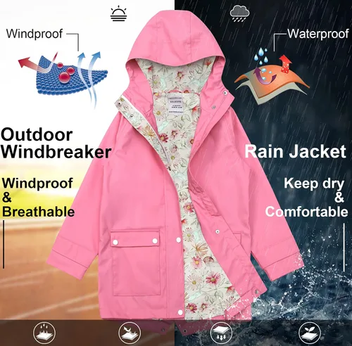 Miniatura 4 de SOLOCOTE Chaqueta impermeable de goma con capucha para niños, impermeable, resistente al viento, talla 5-14 años