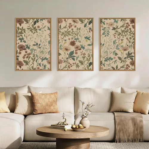 Aryroi Juego de arte de pared en lienzo abstracto grande con marco floral, estilo bohemio, retro, neutro, flores silvestres, arte botánico de flores