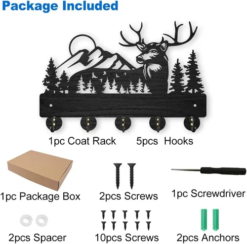 Miniatura 4 de MAYJOYDIY Perchero de pared de madera con 5 ganchos, diseño de ciervo de bosque negro, soporte para llaves y organizador para entrada, pasillo, sala