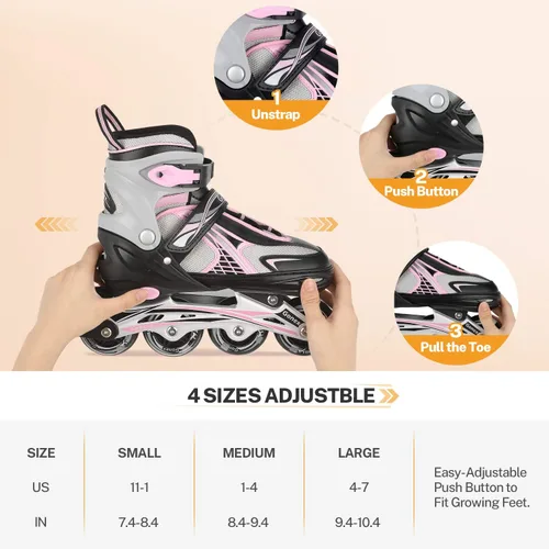 Miniatura 4 de Gonex Patines en línea para niñas y niños, patines ajustables para exteriores, patines en línea para niños, adolescentes y mujeres con ruedas A-Rosa