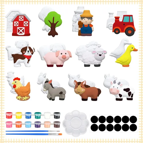 Miniatura 8 de Sinmoe 12 juegos de kit de arte y manualidades, kit de pintura de cerámica sin pintar DIY, pinta tus propias figuras con 12 imanes, 2 pinceles y 1