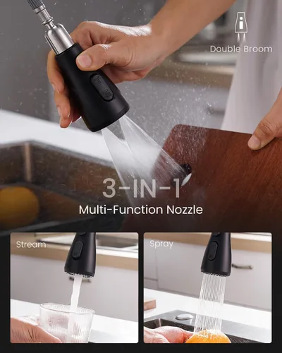 Miniatura 3 de APPASO - Grifo de cocina de 2 agujeros, grifo de cocina negro mate con rociador extraíble de 3 modos, grifo de cocina de arco alto con manija