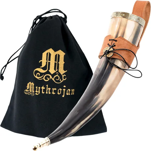 Miniatura 11 de Mythrojan Cuerno vikingo para beber 100% natural, auténtico, decoración de latón, cuerno nórdico con funda de cuero negro, bolsa de lona para vino