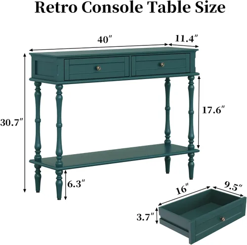 Miniatura 2 de ARTPOWER - Mesa de consola para entrada con 2 cajones - Montaje mínimo, mesa retro verde para entrada con gabinetes de almacenamiento y estante