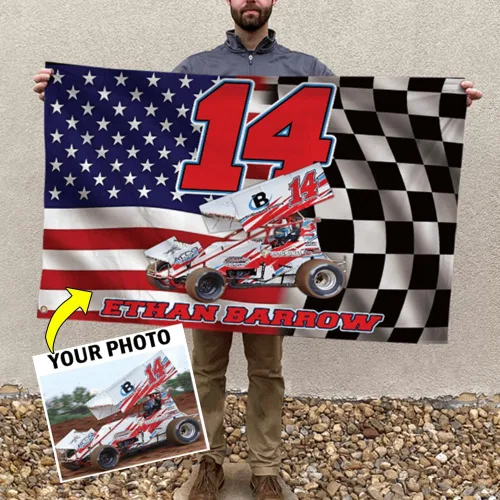 Sprint Car Racing - Foto personalizada, nombre y número de carreras de bandera estadounidense a cuadros para amantes de las carreras de pista de