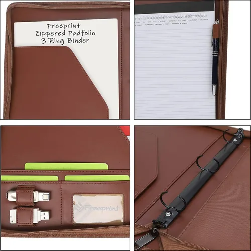 Miniatura 4 de portafolio con cremallera de 3 anillos, organizador de carpeta con bloc de notas tamaño carta legal - Portafolio de PU de cuero con organizador