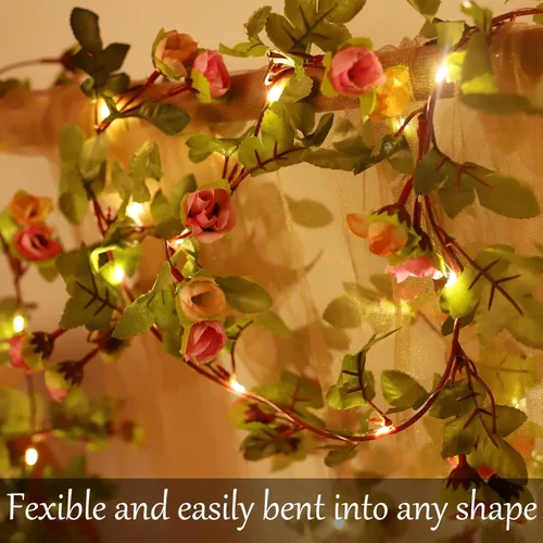 Miniatura 3 de Fielegen Guirnalda de 20 luces LED de flores artificiales de 7.2 pies con pilas, guirnalda de flores artificiales con luces de vid de rosas