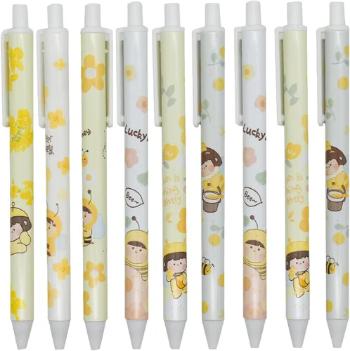 Maydahui 12 unidades de bolígrafos de gel con diseño de abejas, bolígrafos de animales lindos, retráctiles, con impresión de flores, tinta negra,