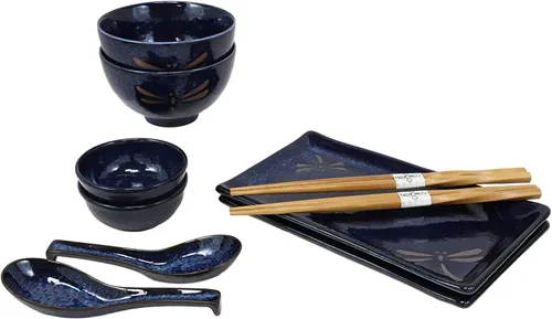 Miniatura 2 de Ebros Gift Juego de 10 platos japoneses de porcelana azul Tombo Dragonfly para sushi para 2 personas, pares de platos de sushi, cuencos de sopa