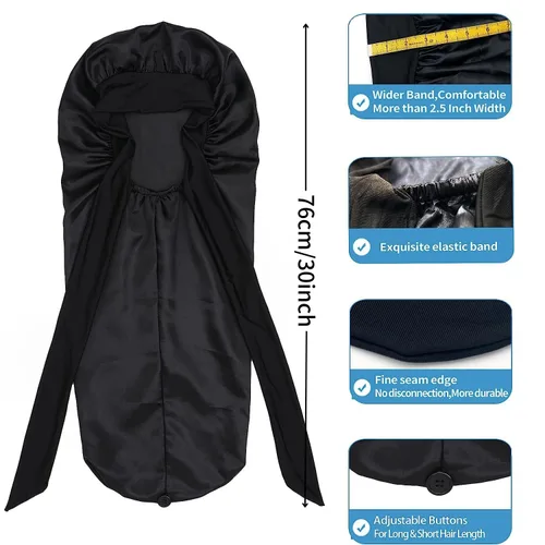 Miniatura 5 de Gorro de seda satinada para el cabello: gorros largos con banda de amarre elástica, correas ajustables, tamaño jumbo para dormir cómodamente, gorros